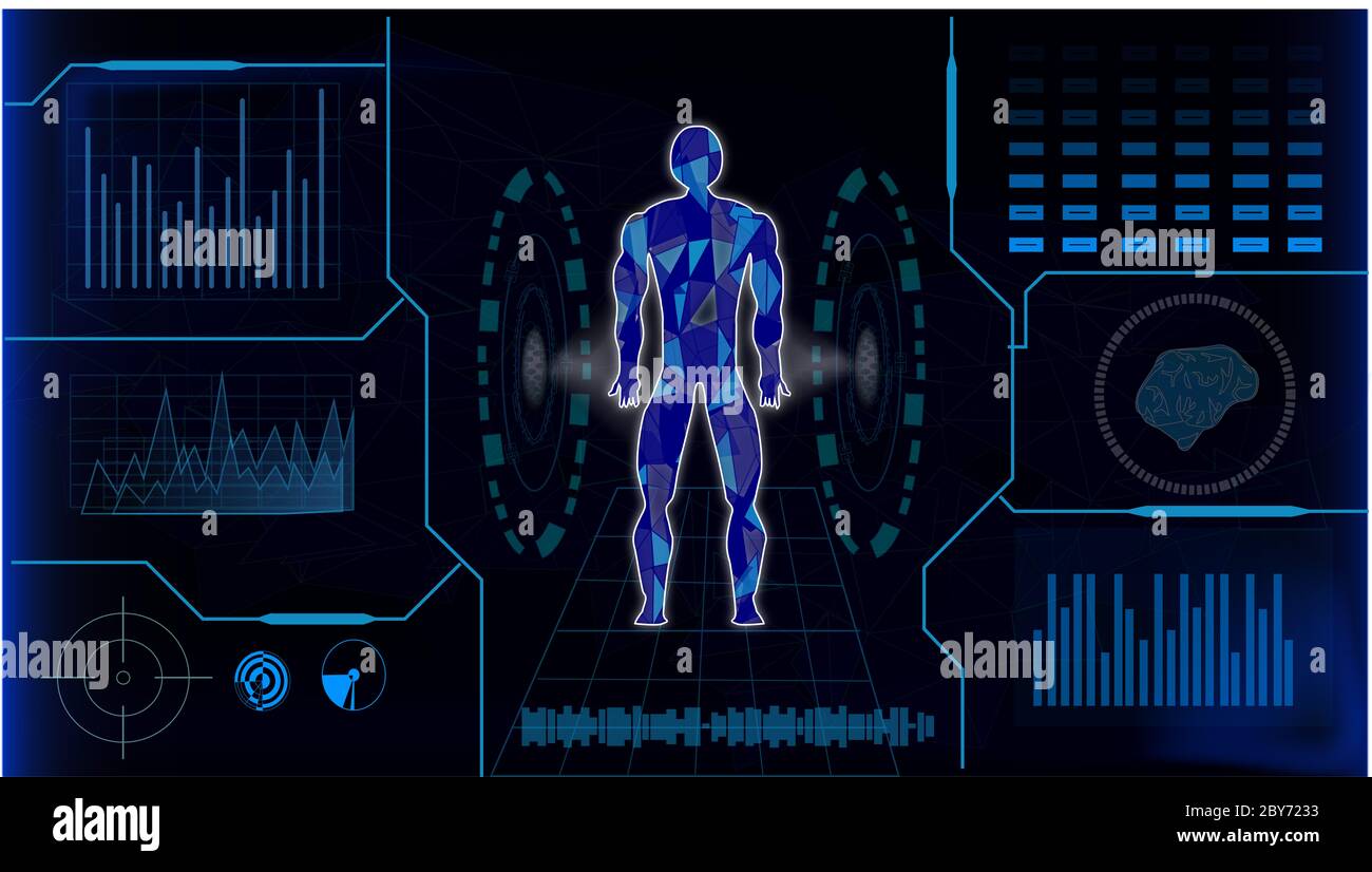 16:9 interface hud,corps humain futuriste,hud biologie elelelelemt,ensemble d'affichage d'éléments d'interface virtuelle,humain numérique , corps virtuel humain, SCR virtuel Banque D'Images