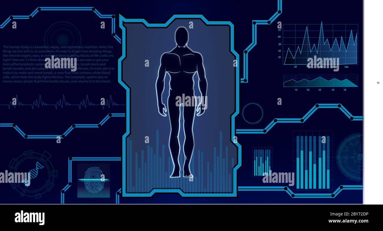 16:9 interface hud,corps humain futuriste,hud biologie elelelelemt,ensemble d'affichage d'éléments d'interface virtuelle,humain numérique , corps virtuel humain, SCR virtuel Banque D'Images
