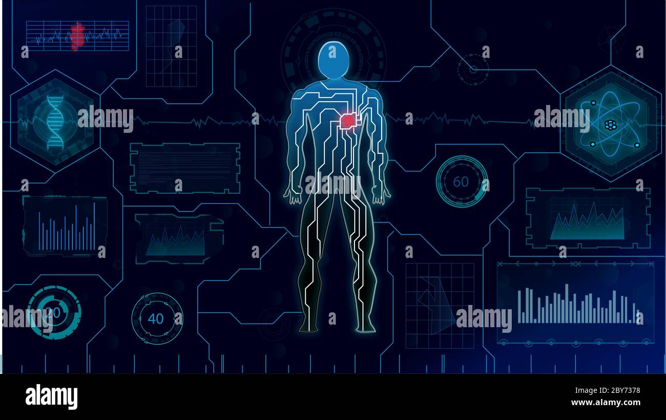 16:9 interface hud,corps humain futuriste,hud biologie elelelelemt,ensemble d'affichage d'éléments d'interface virtuelle,humain numérique , corps virtuel humain, SCR virtuel Banque D'Images