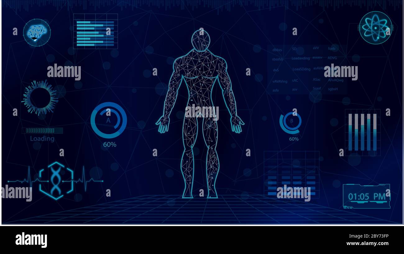 16:9 interface hud,corps humain futuriste,hud biologie elelelelemt,ensemble d'affichage d'éléments d'interface virtuelle,humain numérique , corps virtuel humain, SCR virtuel Banque D'Images