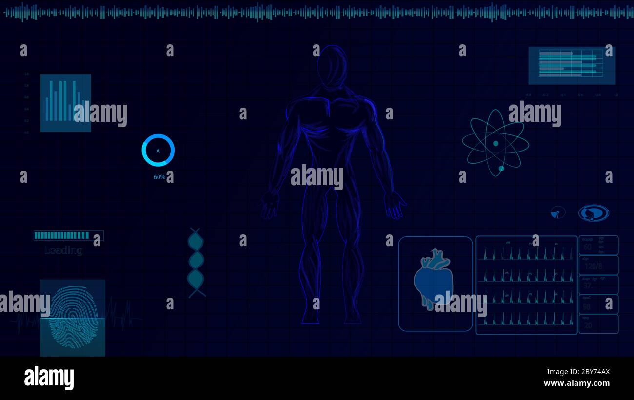 16:9 interface hud,corps humain futuriste,hud biologie elelelelemt,ensemble d'affichage d'éléments d'interface virtuelle,humain numérique , corps virtuel humain, SCR virtuel Banque D'Images
