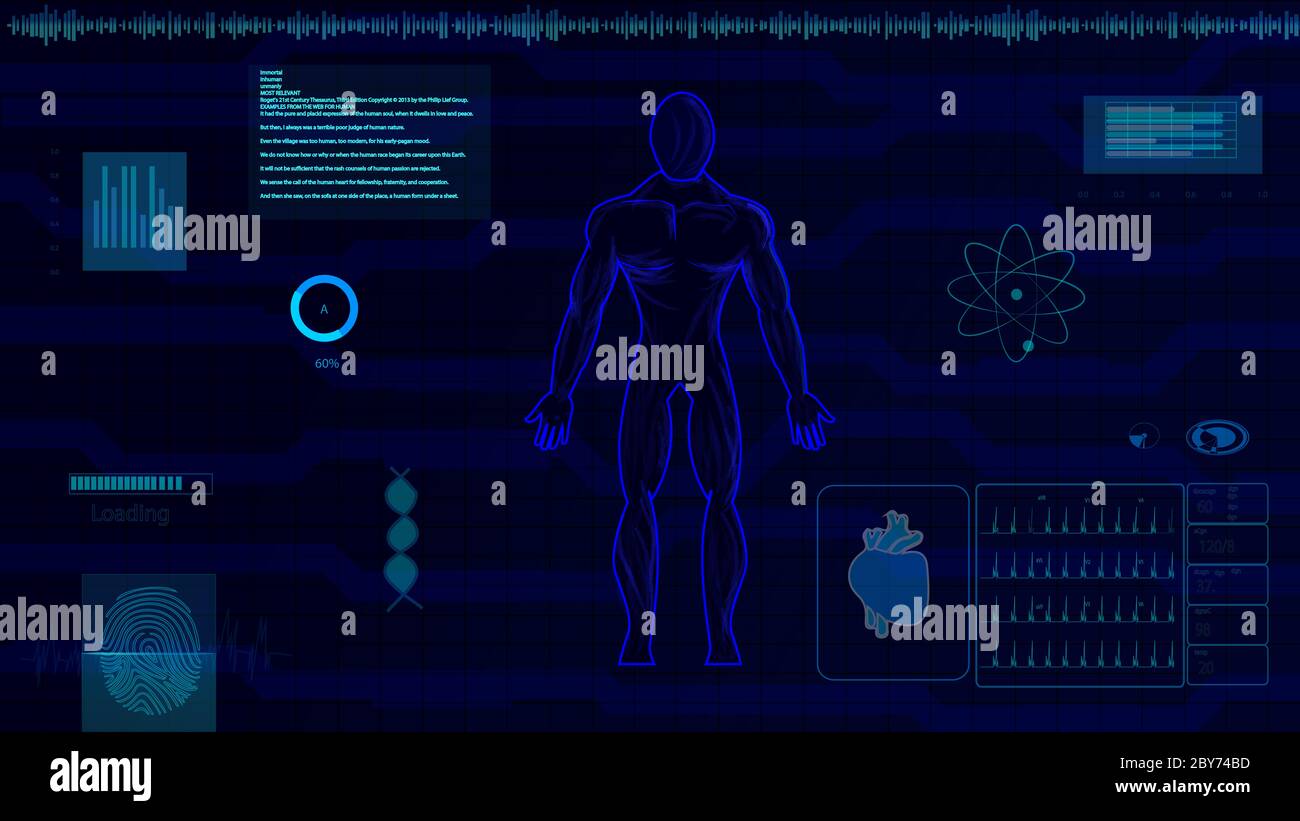 16:9 interface hud,corps humain futuriste,hud biologie elelelelemt,ensemble d'affichage d'éléments d'interface virtuelle,humain numérique , corps virtuel humain, SCR virtuel Banque D'Images
