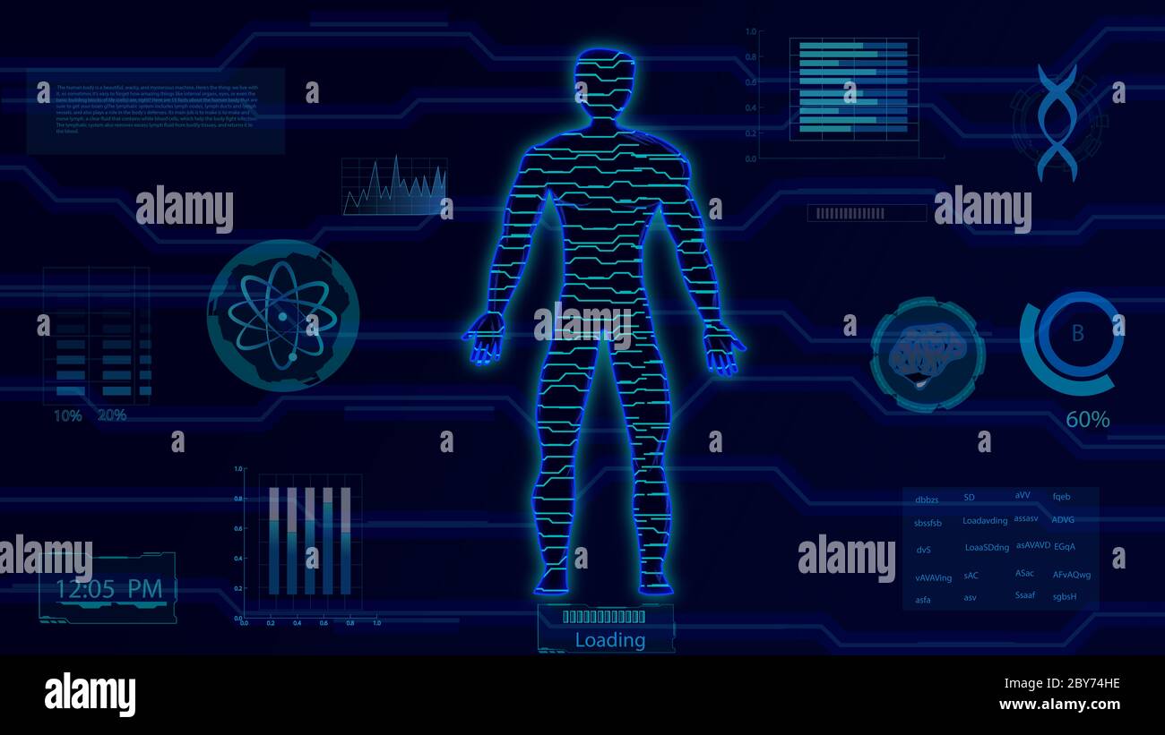 16:9 interface hud,corps humain futuriste,hud biologie elelelelemt,ensemble d'affichage d'éléments d'interface virtuelle,humain numérique , corps virtuel humain, SCR virtuel Banque D'Images