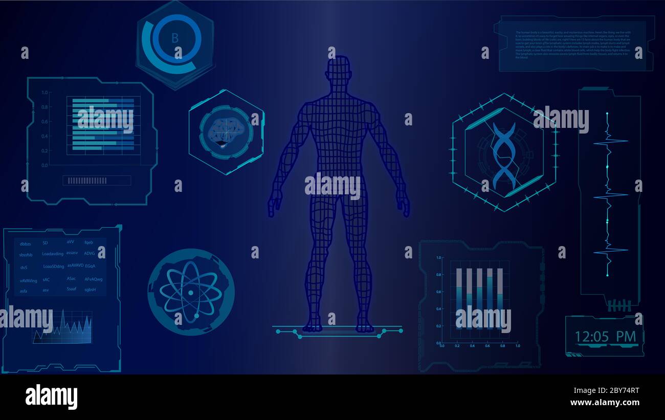 16:9 interface hud,corps humain futuriste,hud biologie elelelelemt,ensemble d'affichage d'éléments d'interface virtuelle,humain numérique , corps virtuel humain, SCR virtuel Banque D'Images