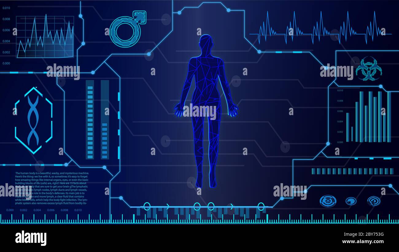 16:9 interface hud,corps humain futuriste,hud biologie elelelelemt,ensemble d'affichage d'éléments d'interface virtuelle,humain numérique , corps virtuel humain, SCR virtuel Banque D'Images