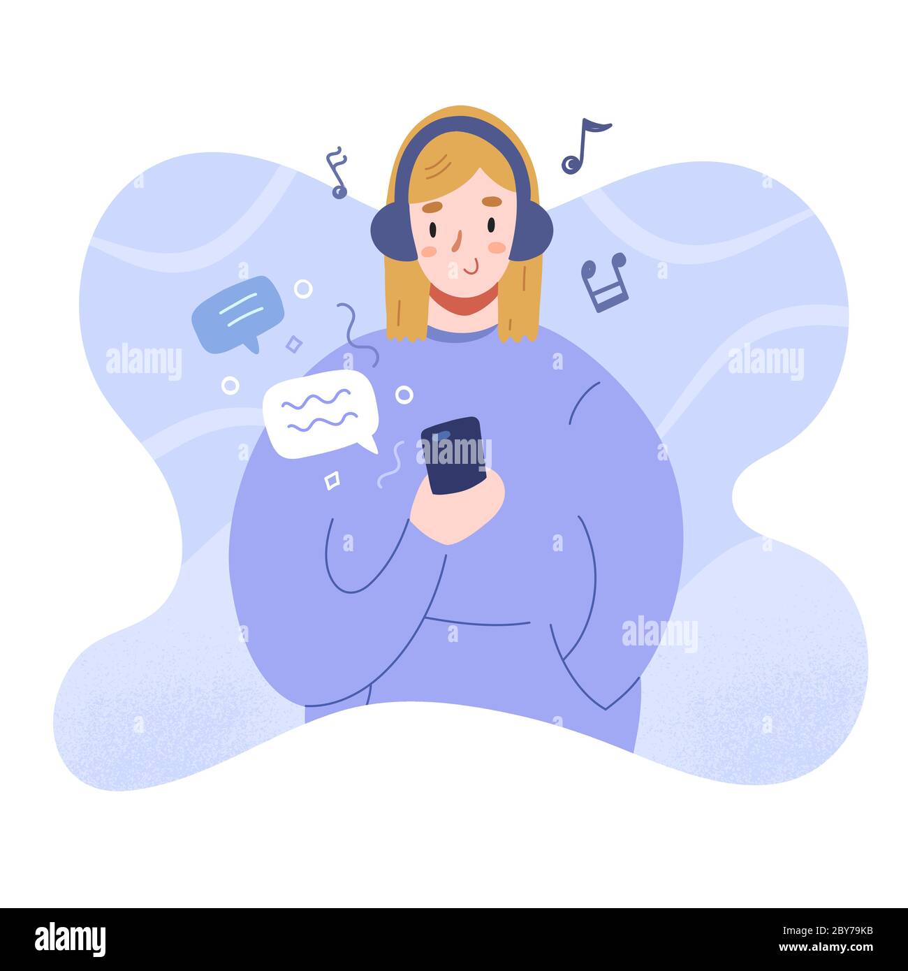 Une adolescente est en train de recevoir des SMS et d'écouter de la musique dans un casque, une adorable adolescente est en sweat-shirt à capuche, tient un smartphone, discute dans une application mobile Illustration de Vecteur