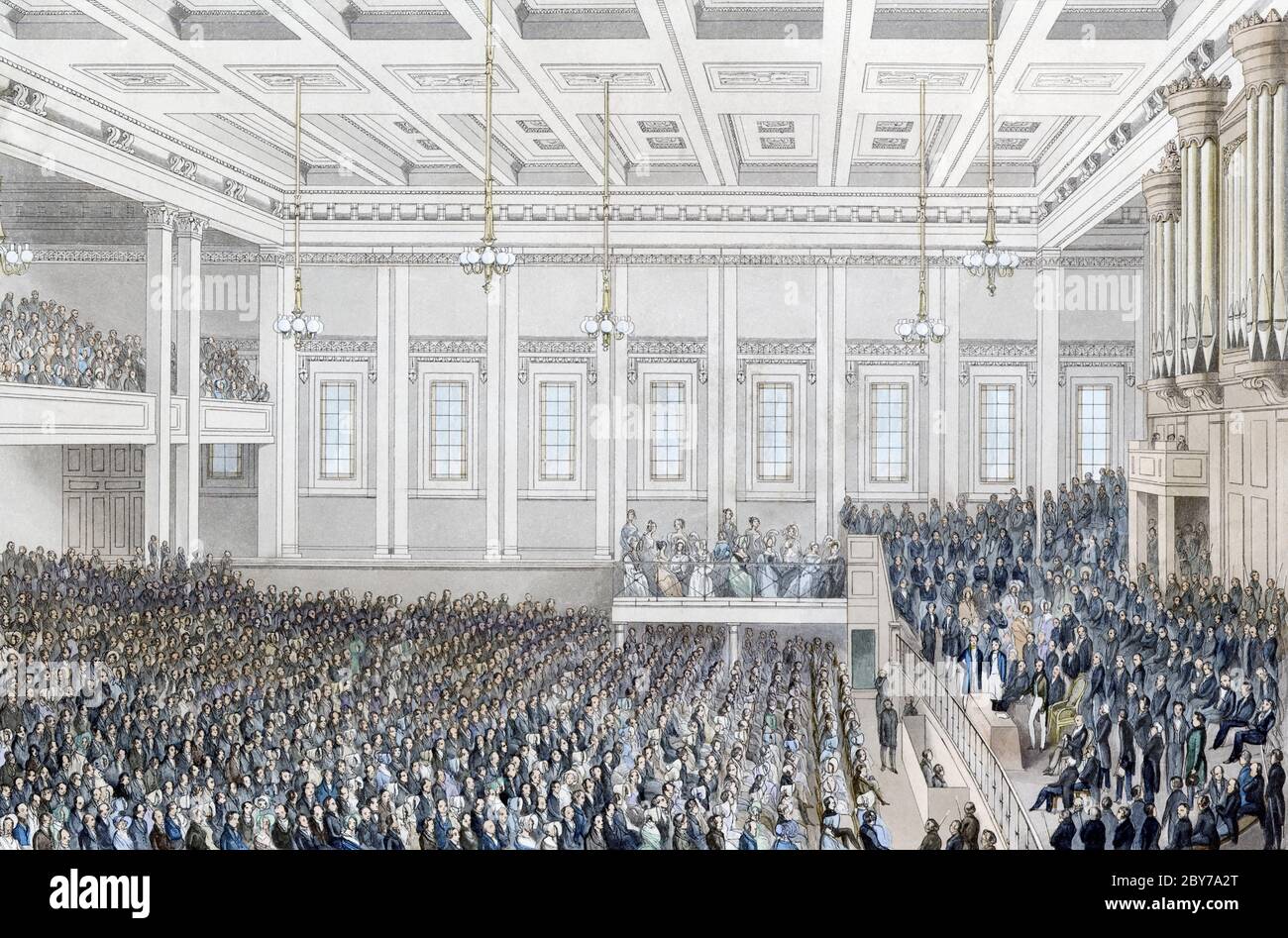Le titre complet ci-dessous la photo de cette réunion antiesclavagiste de Londres se lit comme suit: Réunion de la Société pour l'extinction de la traite des esclaves, et pour la civilisation d'Afrique; le 1er juin 1840, à Exeter Hall: Son Altesse Royale le Prince Albert, le Président, a présidé. D'une gravure de James Harris après une oeuvre de S. Blunt, publié Londres 1840 Banque D'Images