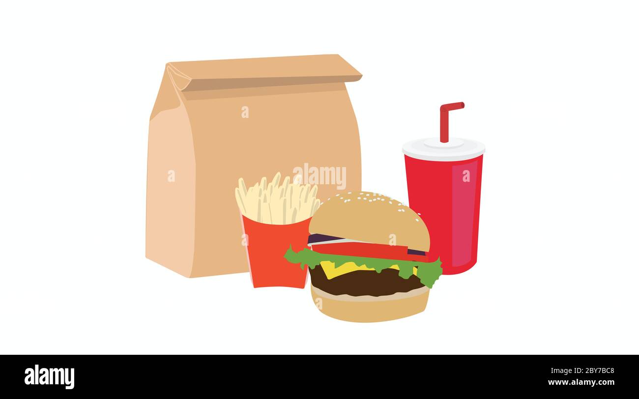 Vector Isolated Illustration d'un ensemble de hamburgers à emporter, avec hamburger, un sac de papier à emporter, des frites, des bouteilles de ketchup et de moutarde et une tasse à boissons avec un s. Illustration de Vecteur