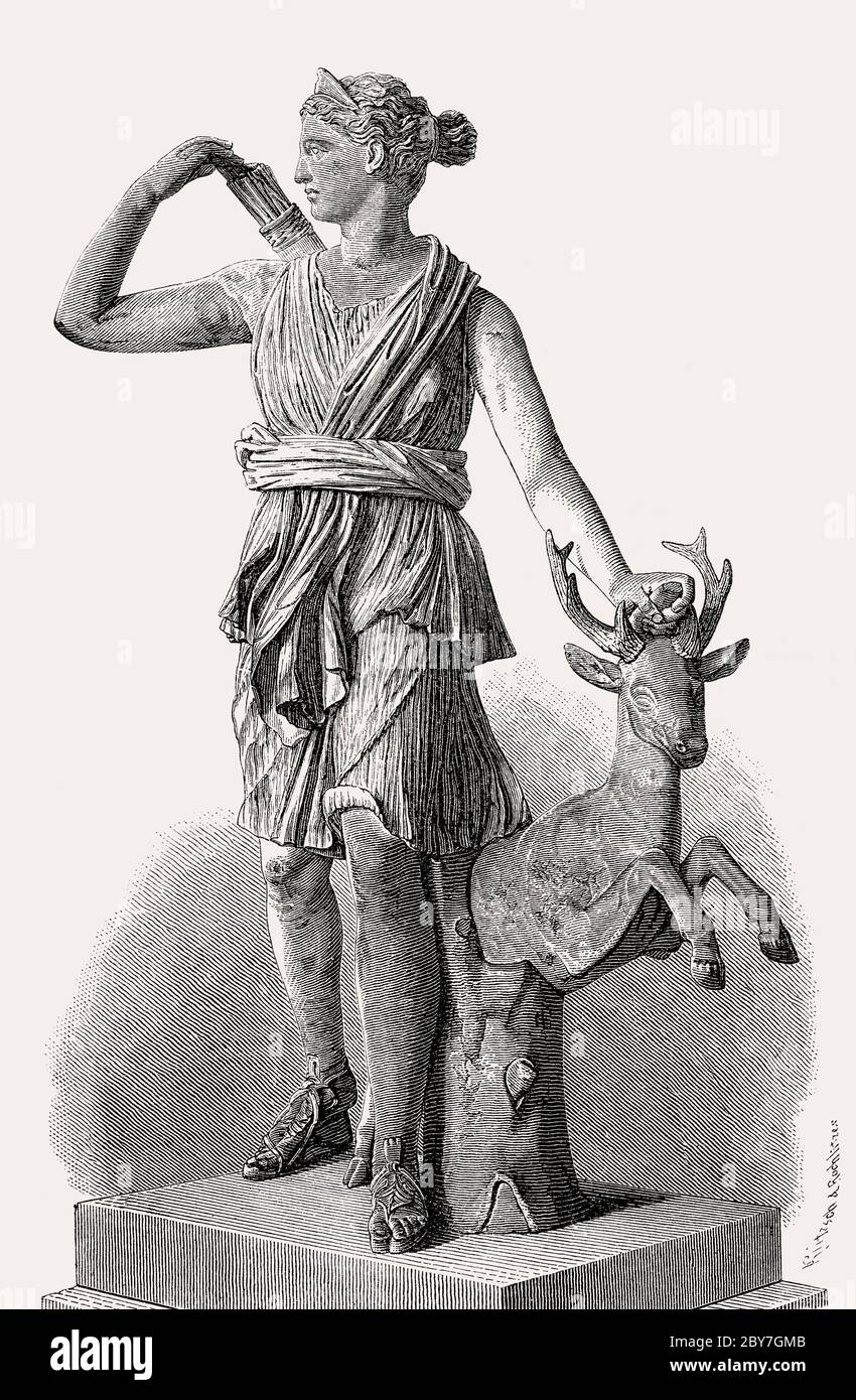 Statue d'Artémis, la déesse grecque de la chasse, les animaux sauvages, en pleine nature, à l'accouchement, la virginité et le protecteur des jeunes filles Banque D'Images