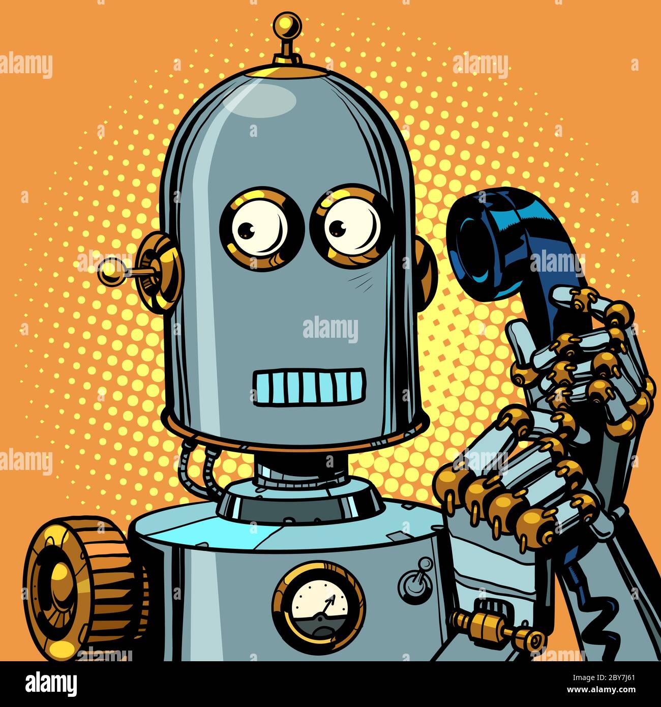 Robot drôle peur de parler sur un téléphone rétro. Retro pop art dessin illustration vectorielle Banque D'Images