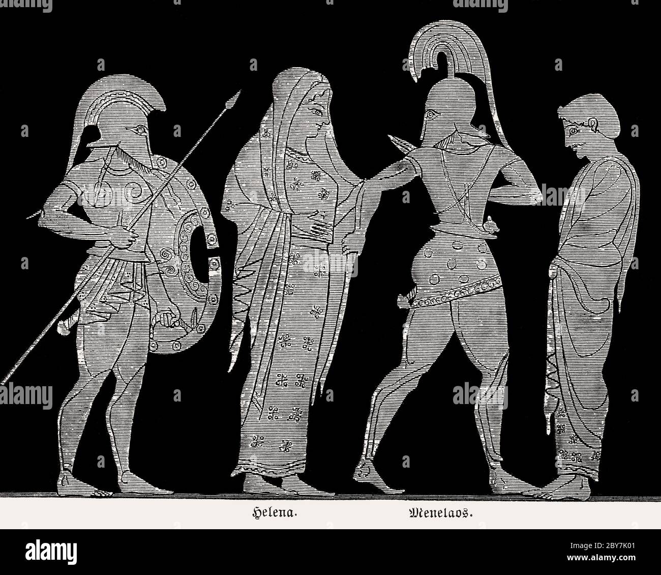 Menelaus captivé par la beauté de Helen, la guerre de Trojan, le krâter à figure rouge attique, la mythologie grecque Banque D'Images