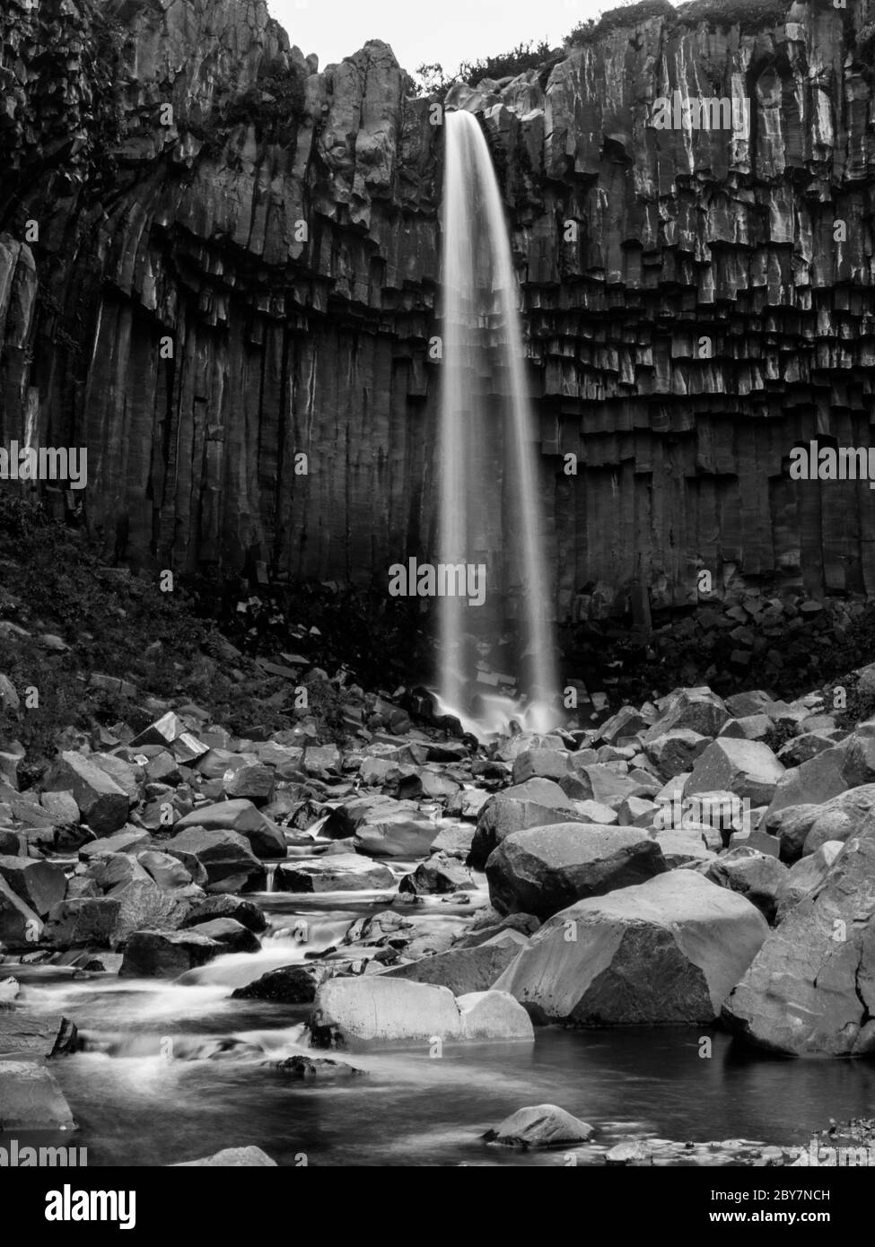 Cascade de Svartifoss avec colonnes de basalte dans le parc national de Skaftafell, Islande, image en noir et blanc Banque D'Images