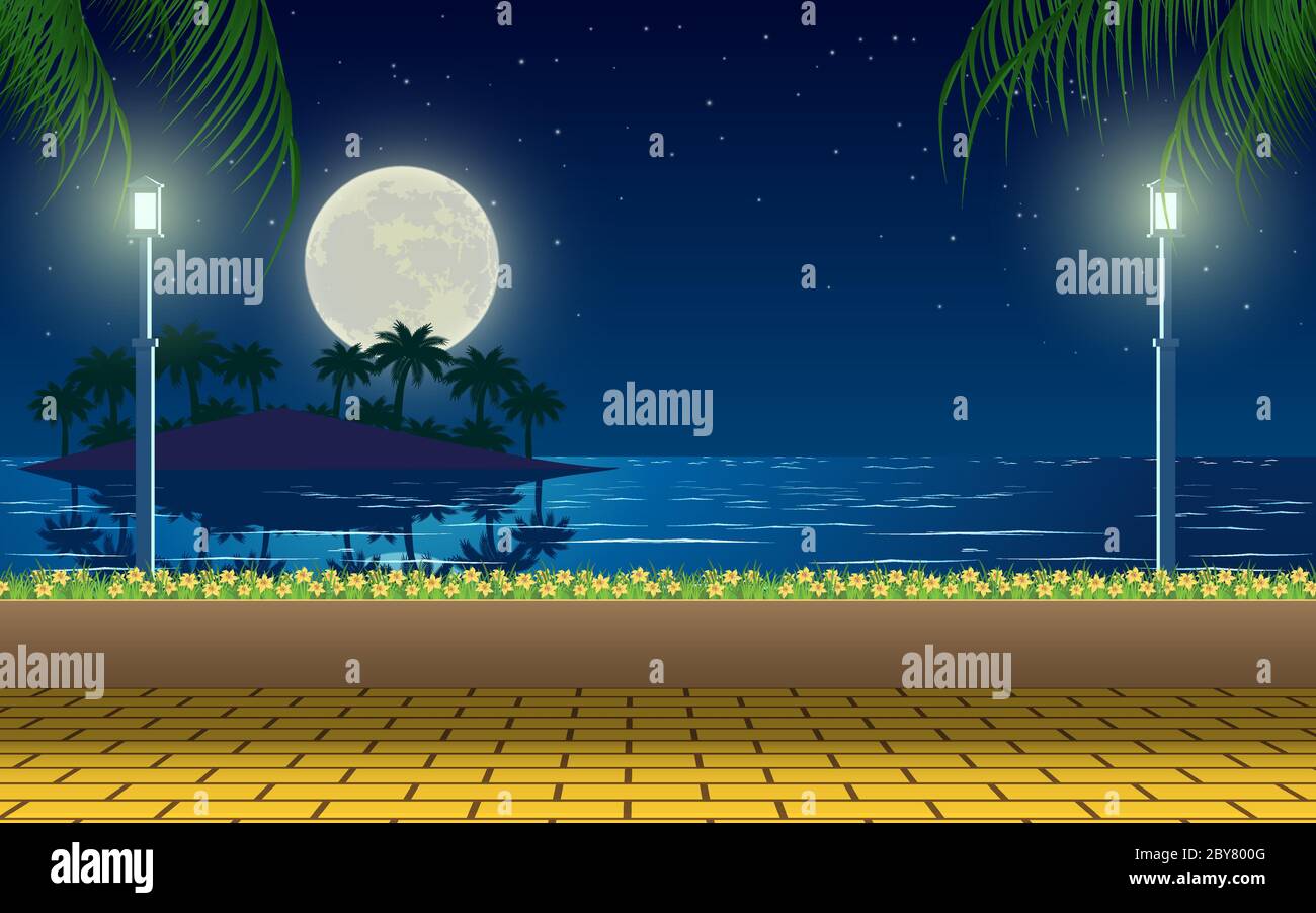 paysage de jardin fleuri sur la plage dans la nuit Illustration de Vecteur