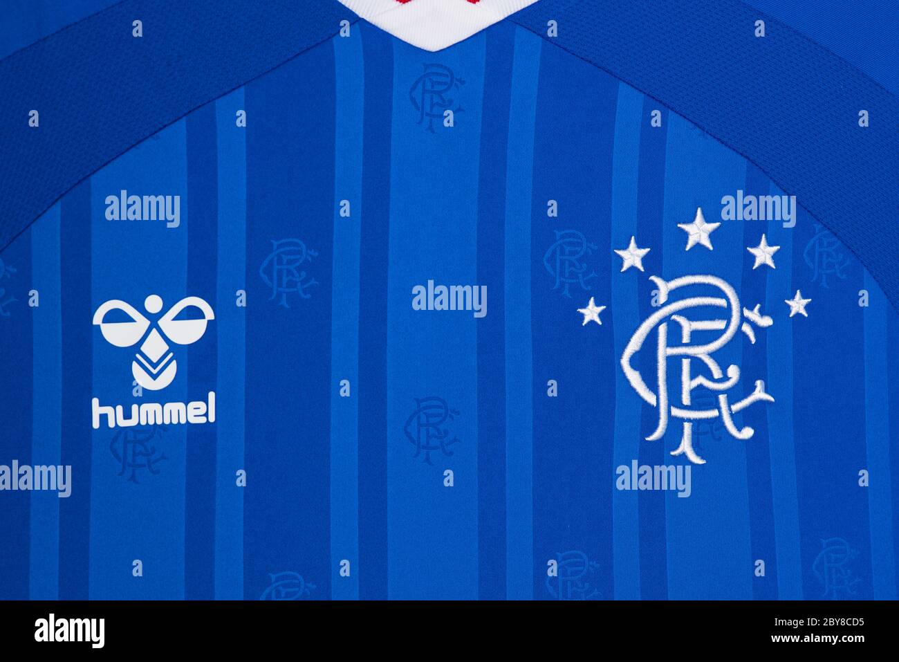 Gros plan sur le maillot domicile du Rangers FC Banque D'Images