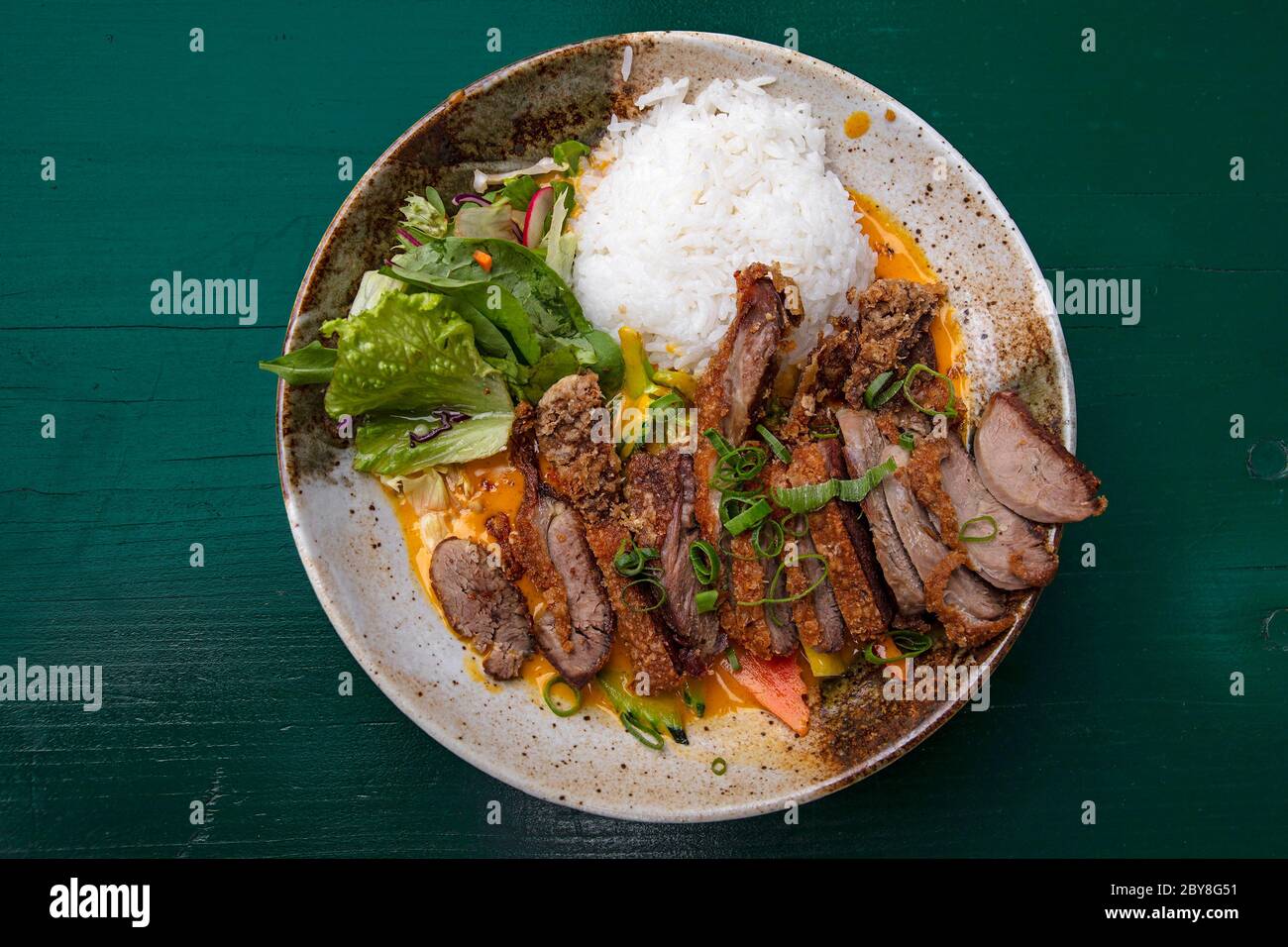 Close up partie de tranches de rôti, croustillant de canard de Pékin curry avec riz et salade sur plaque sur le tableau, augmentation de la vue supérieure, juste au-dessus Banque D'Images