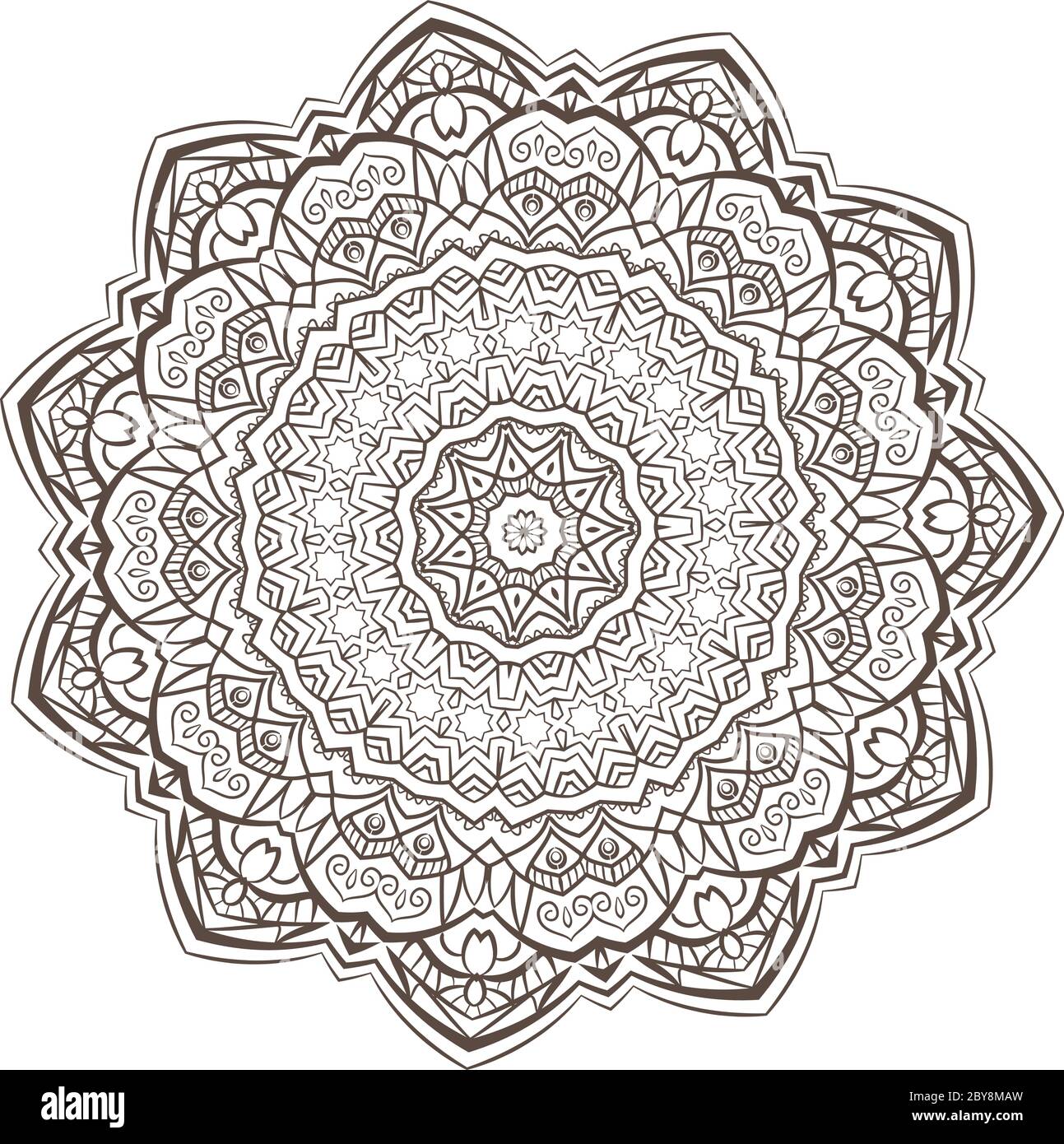 La méditation vectorielle ethnique Fractal Mandala ressemble à un flocon de neige ou à un motif aztèque Maya ou à une fleur trop isolée sur blanc Illustration de Vecteur