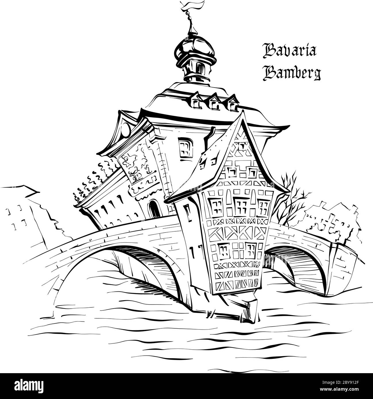 Scénario de voyage de la vieille mairie, Altes Rathaus, à Bamberg, Bavière, Allemagne du Sud Illustration de Vecteur