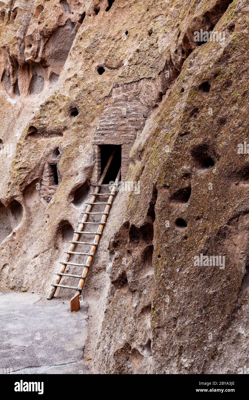 NM00619-00...NOUVEAU MEXIQUE - Cliff Dwellings, maisons de talus, le long de la piste principale de la boucle dans le monument national de Bandelier. Banque D'Images
