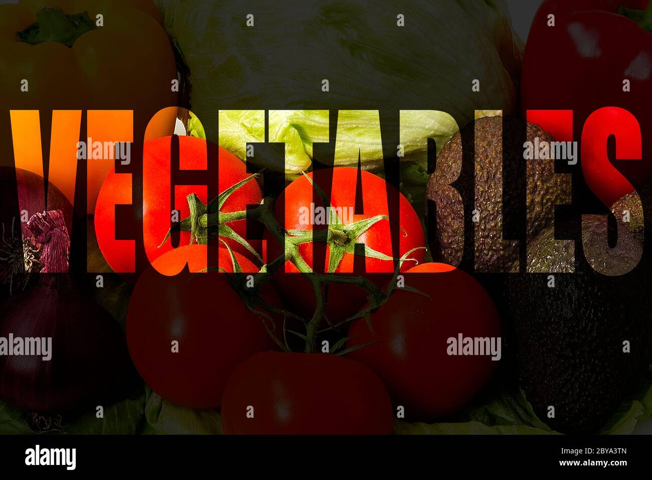 inscription légumes sur fond de tomate paprika oignon avocat salade tomate Banque D'Images