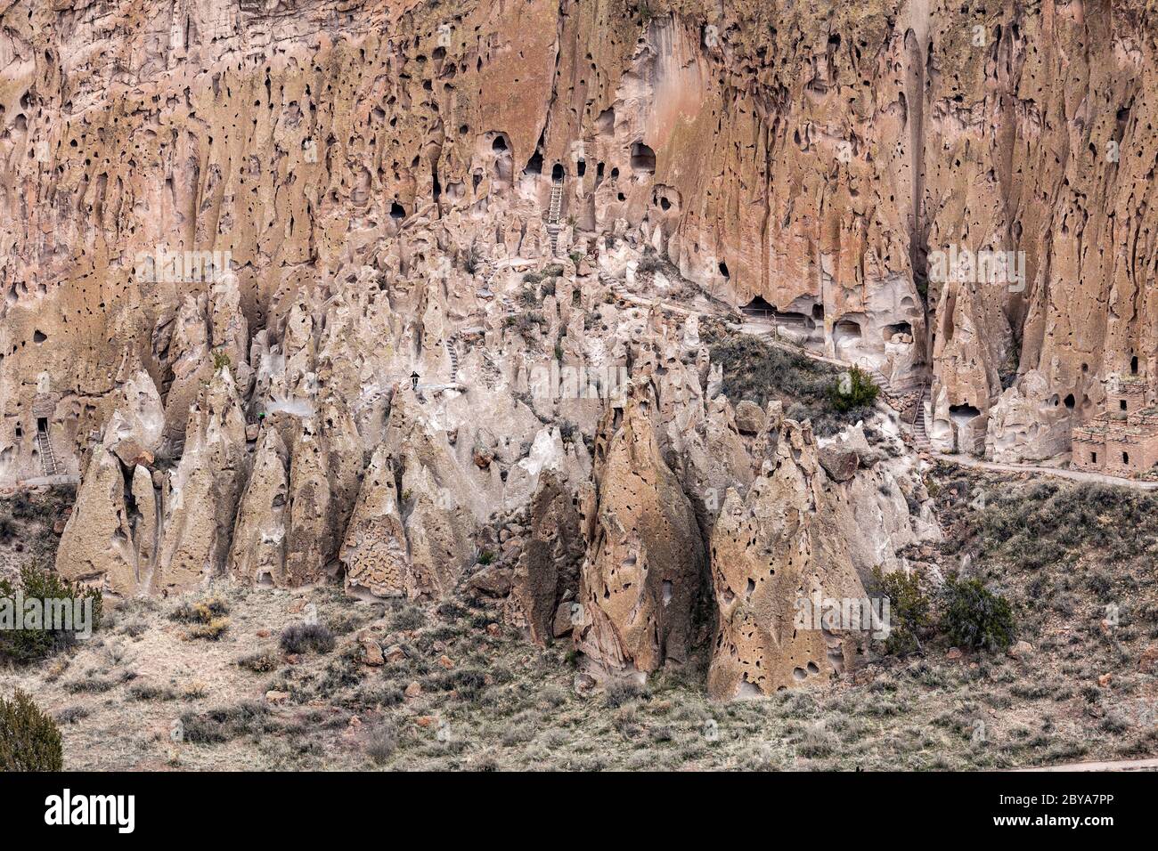 NM00639-00...NOUVEAU-MEXIQUE - vue sur les maisons de talus des falaises depuis le sentier de Frijoles Rim Trail dans le monument national de Bandelier. Banque D'Images