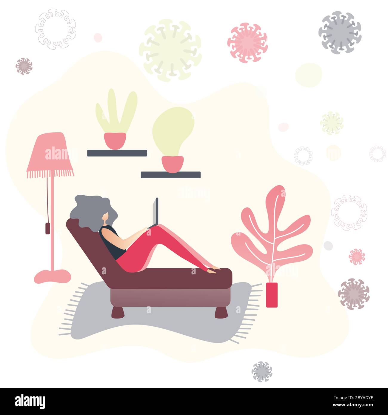 Femme assise sur un canapé avec ordinateur portable. Travailler à domicile concept pendant l'épidémie de coronavirus. Rester à la maison dans l'isolement. Positif et détendu t Illustration de Vecteur