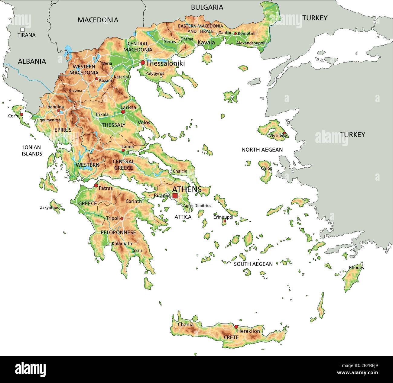 Carte physique Grèce haute précision avec étiquetage. Illustration de Vecteur