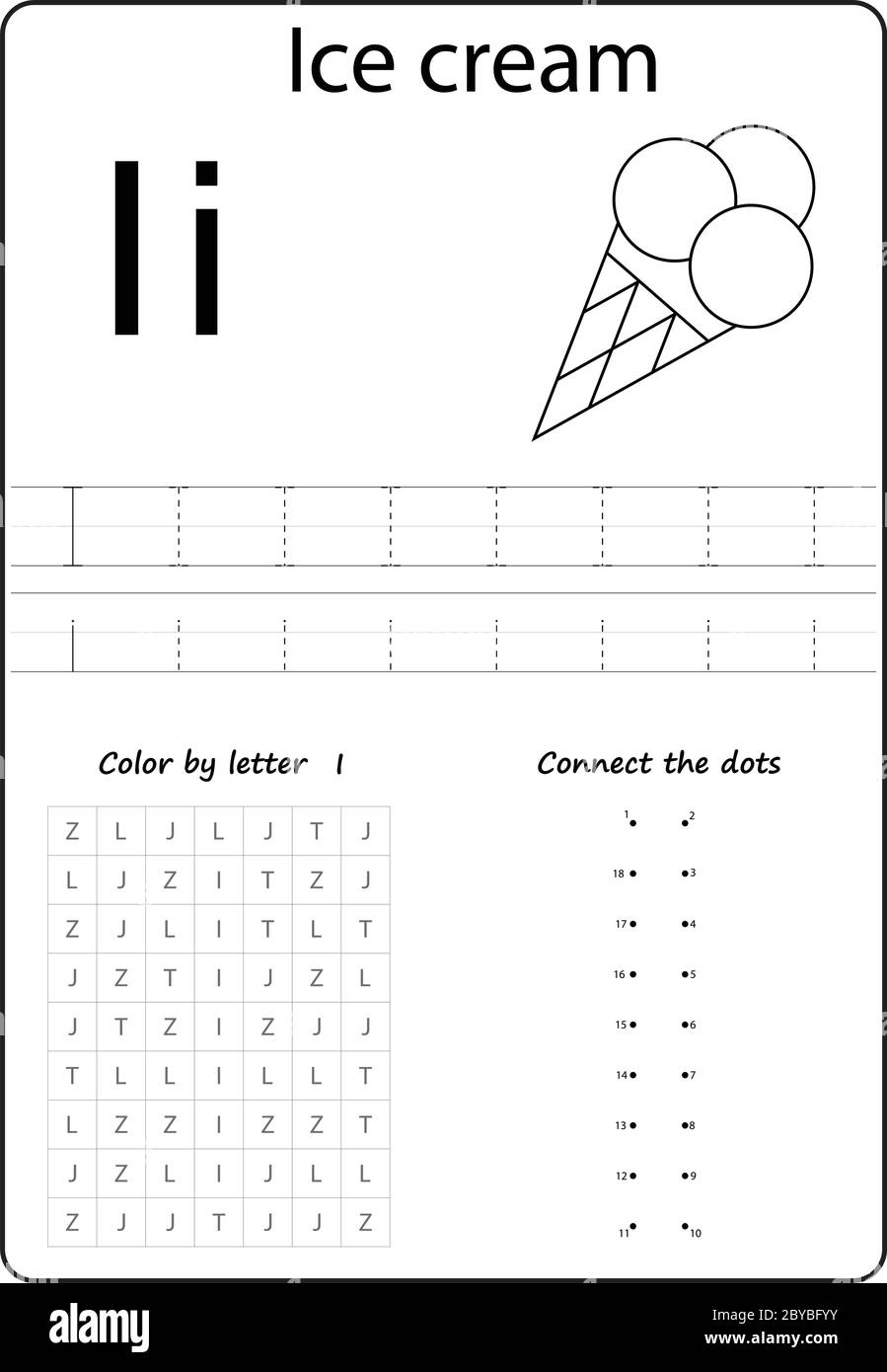 Lettre I. lettre alphabétique. Feuille de travail. Tâche pour les enfants. Apprendre des lettres Illustration de Vecteur