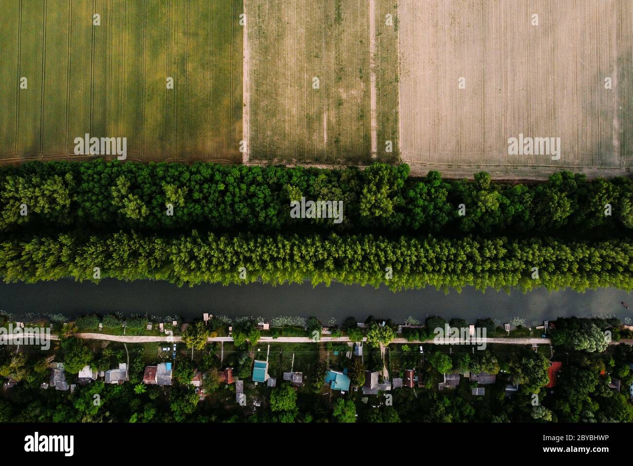 Vue aérienne des maisons qui ont vue sur une rivière et une forêt, près du champ Banque D'Images