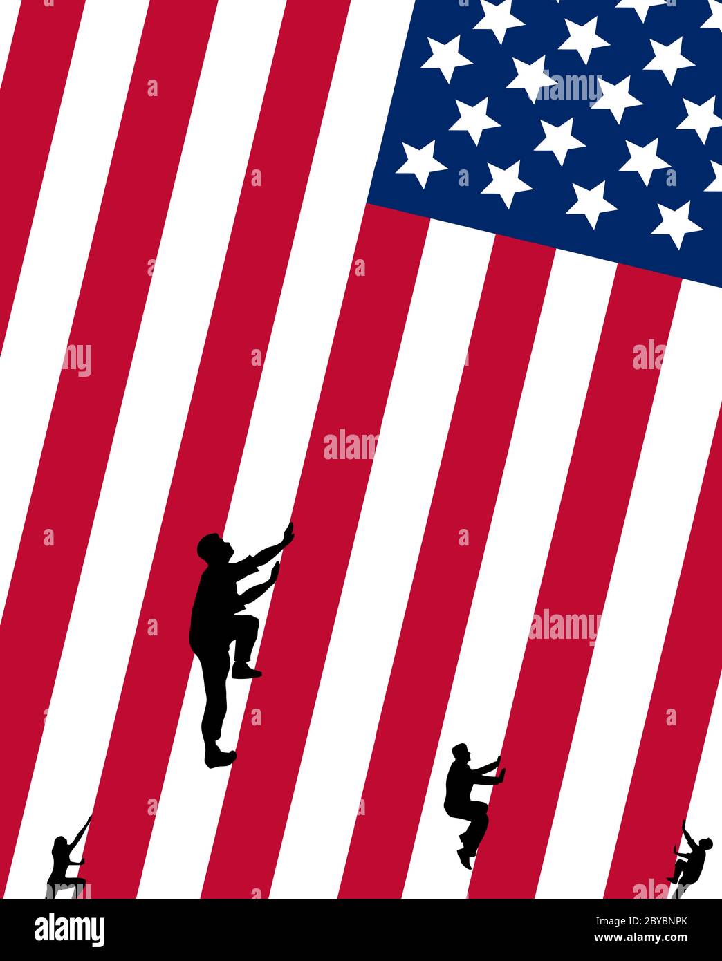 Des figures silhouetées grimpent sur les bandes rouges d'un drapeau des États-Unis dans cette illustration sur l'immigration illégale. Illustration de Vecteur