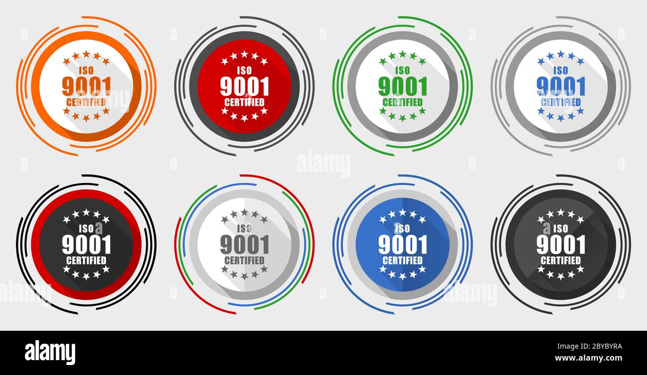 Jeu d'icônes vectorielles ISO 9001, motif plat moderne dans 8 options pour la conception Web et les applications mobiles Illustration de Vecteur