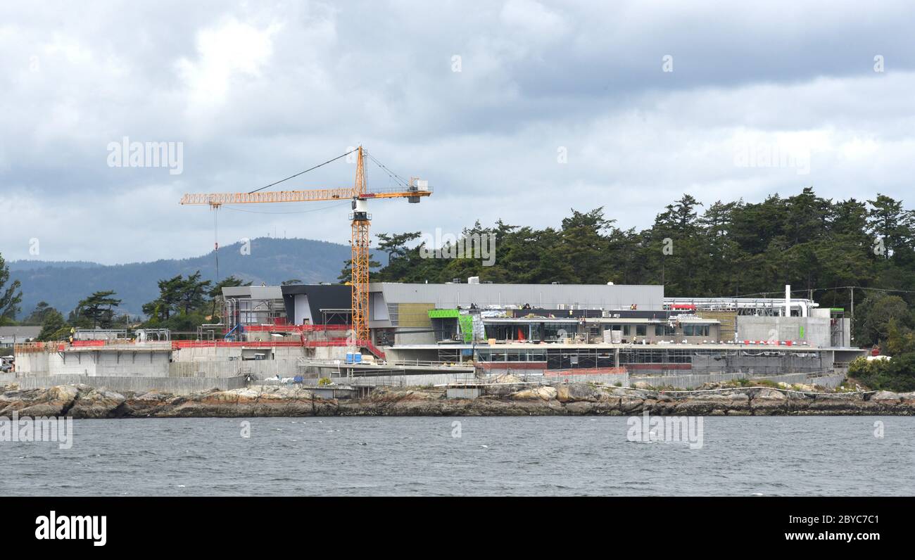 Un vew d'une grue sur l'usine de traitement des eaux usées de McLoughlin point en construction qui fournira le traitement primaire, secondaire et tertiaire des eaux usées Banque D'Images