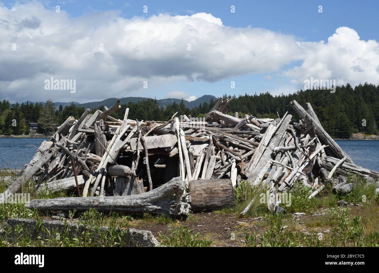 Une structure d'abri construite en bois flotté se trouve sur le rivage du parc Whiffin Spit à Sooke, en Colombie-Britannique, au Canada, sur l'île de Vancouver, sous lar Banque D'Images