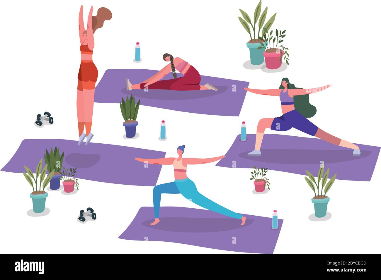 Femmes avec vêtements de sport faisant du yoga sur le design des tapis, rester à la maison sport de gym et le thème de culturisme illustration Vector Illustration de Vecteur