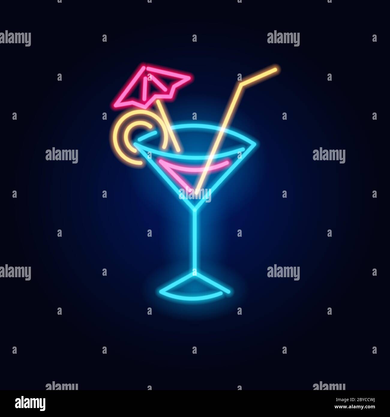Cocktail au néon. Affiche mode. Panneau de signalisation de la veilleuse, bannière lumineuse. Emblème d'été. Logo du Club Bar sur fond sombre. Boisson alcoolisée avec parapluie Illustration de Vecteur