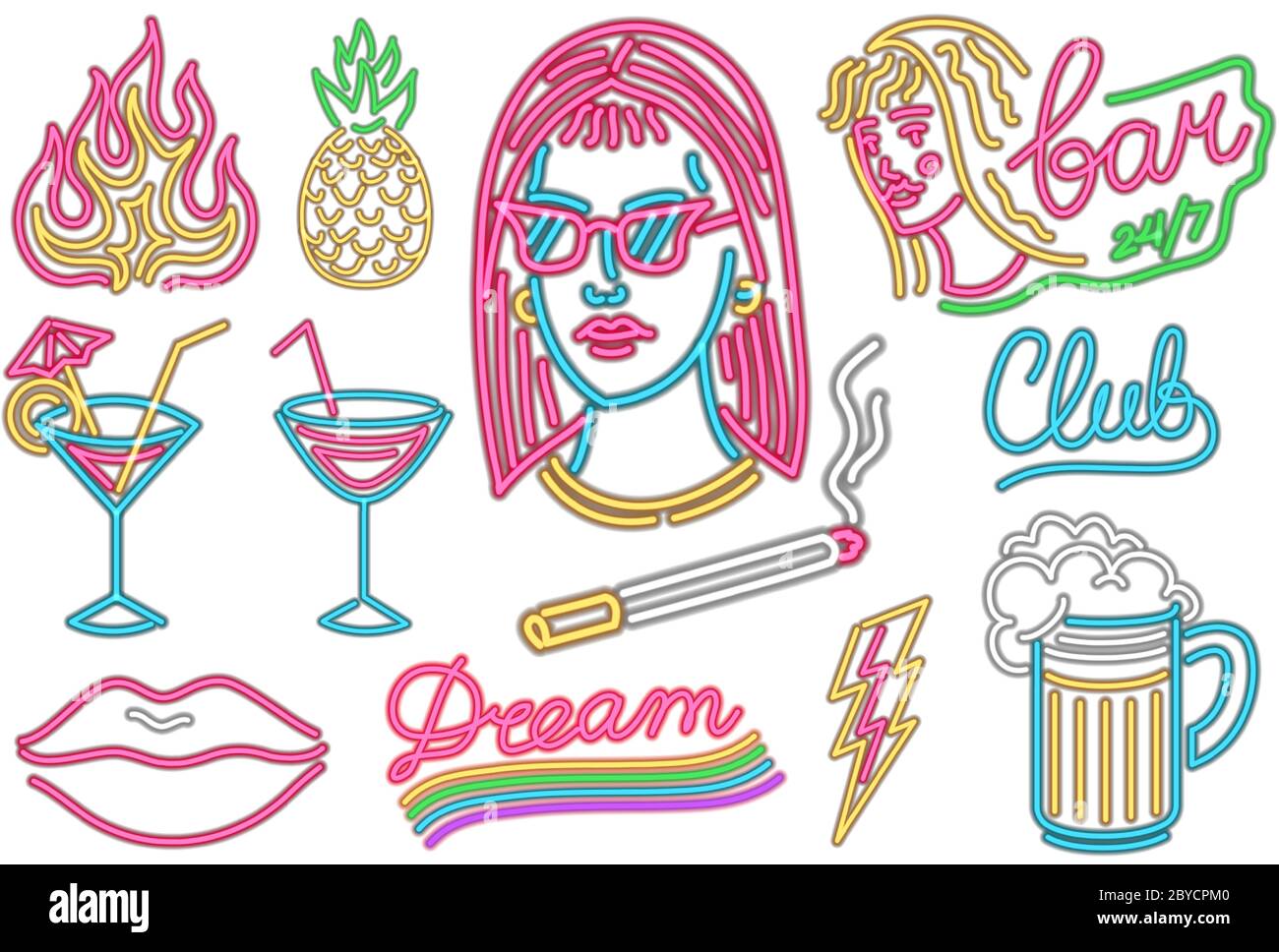 Ensemble d'affiches fluo mode. Panneau de signalisation de la veilleuse, bannière lumineuse. Emblème d'été. Logo du Club Bar sur fond sombre. Brames bière cigarette lèvres cocktail Illustration de Vecteur