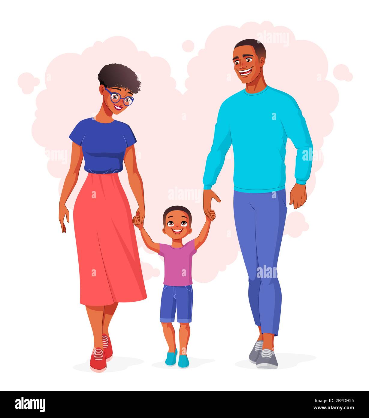 Une famille africaine heureuse qui tient les mains et marche. Illustration vectorielle. Illustration de Vecteur
