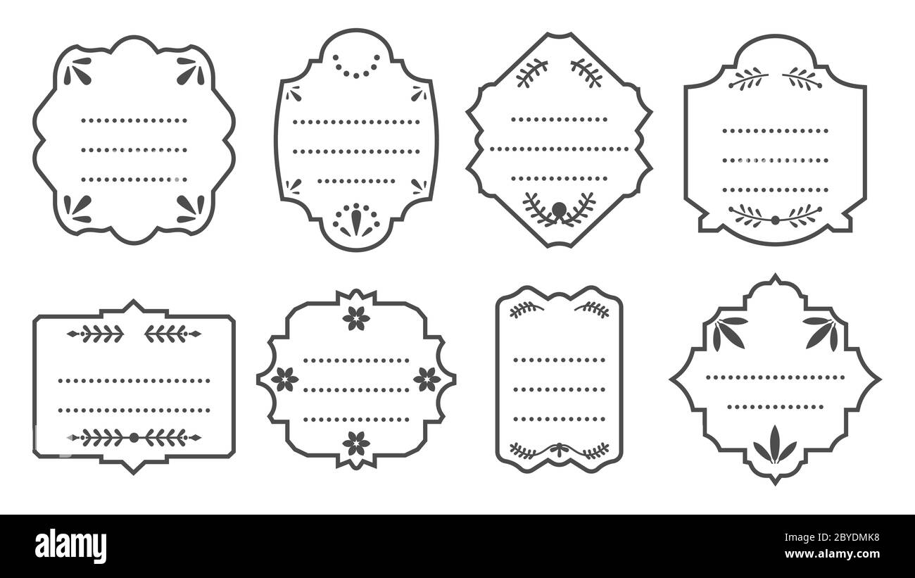 Ensemble d'étiquettes rétro à bordure noire. Modèle de zone de texte pour bloc d'étiquettes vierges. Différentes formes bordure rétro bannière, menu étiquette prix de vente badges. Isolé sur une illustration vectorielle blanche Illustration de Vecteur