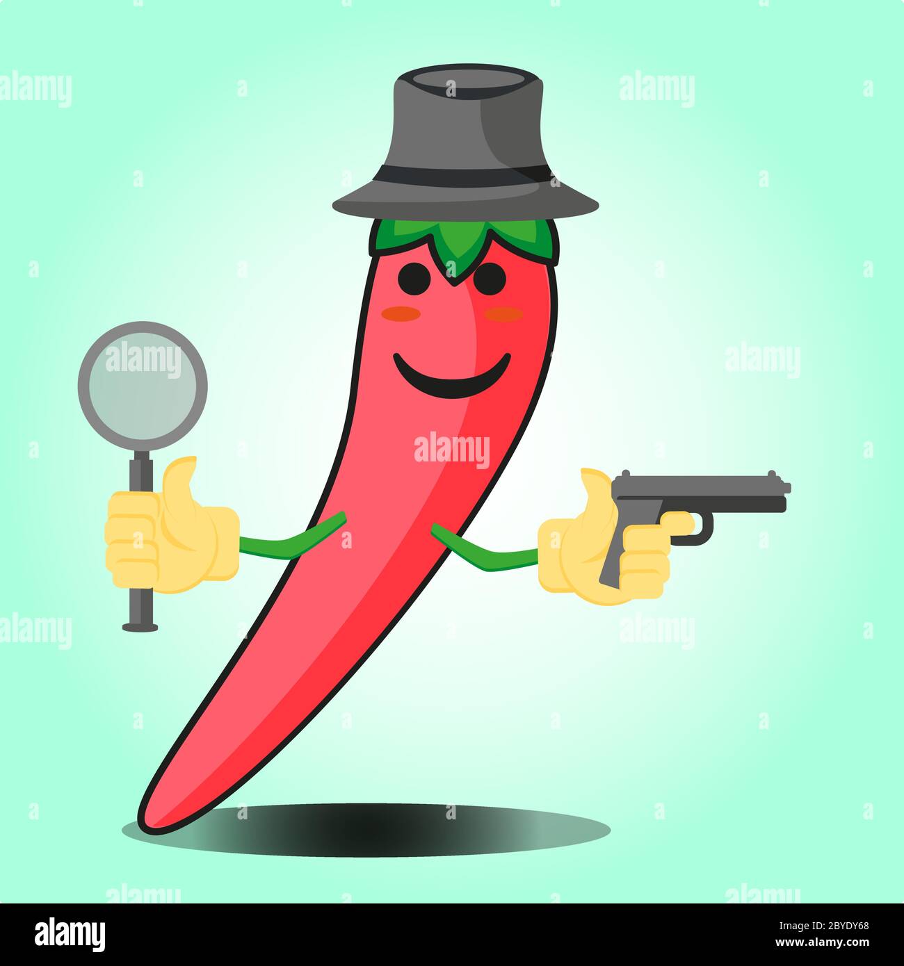 Adorable personnage de dessin animé détective mexicain au piment avec un chapeau et un motif représentant une arme à feu Illustration de Vecteur