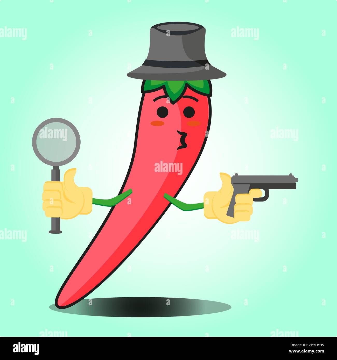 Adorable personnage de dessin animé détective mexicain au piment avec un chapeau et un motif représentant une arme à feu Illustration de Vecteur