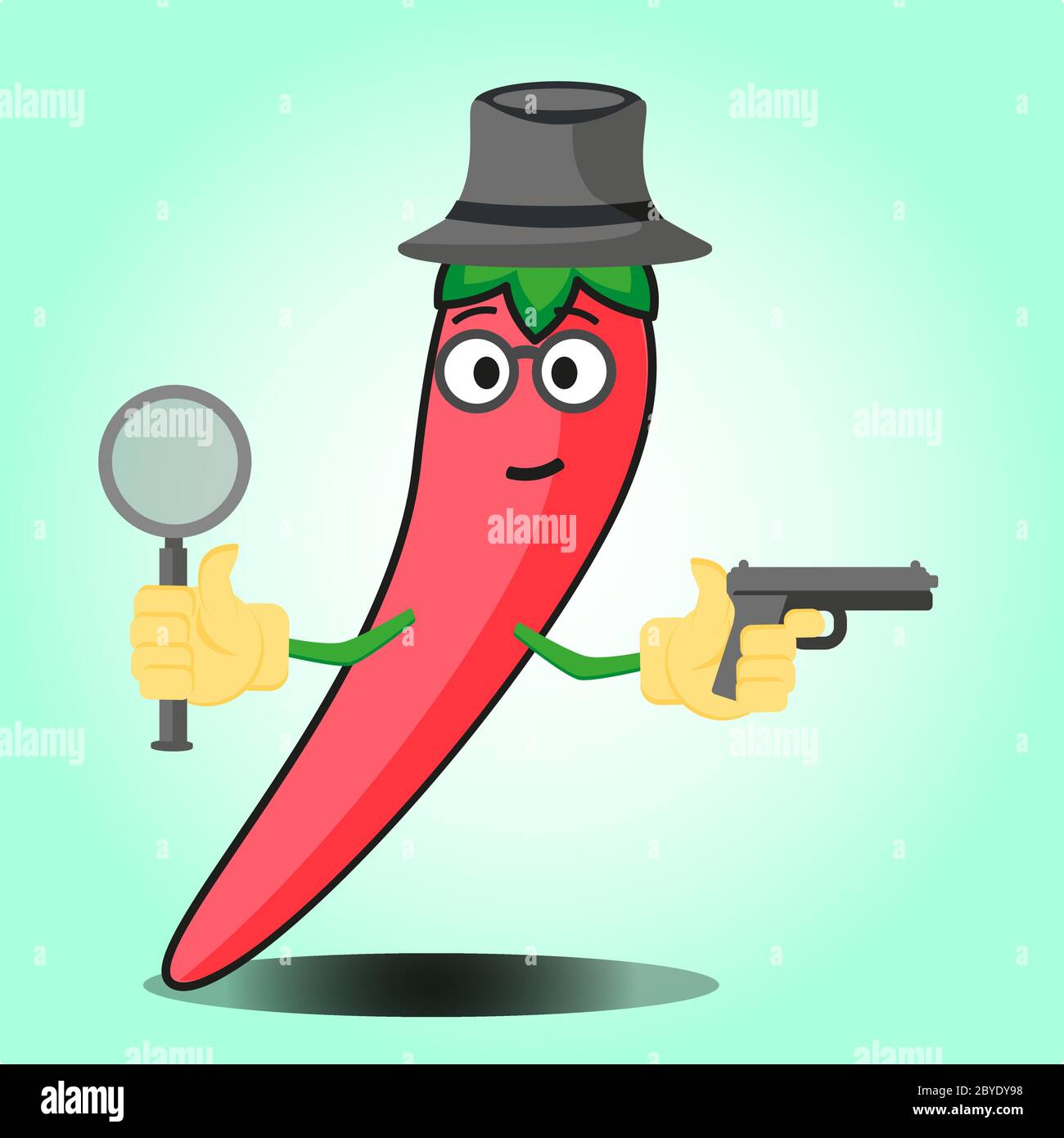 Adorable personnage de dessin animé détective mexicain au piment avec un chapeau et un motif représentant une arme à feu Illustration de Vecteur