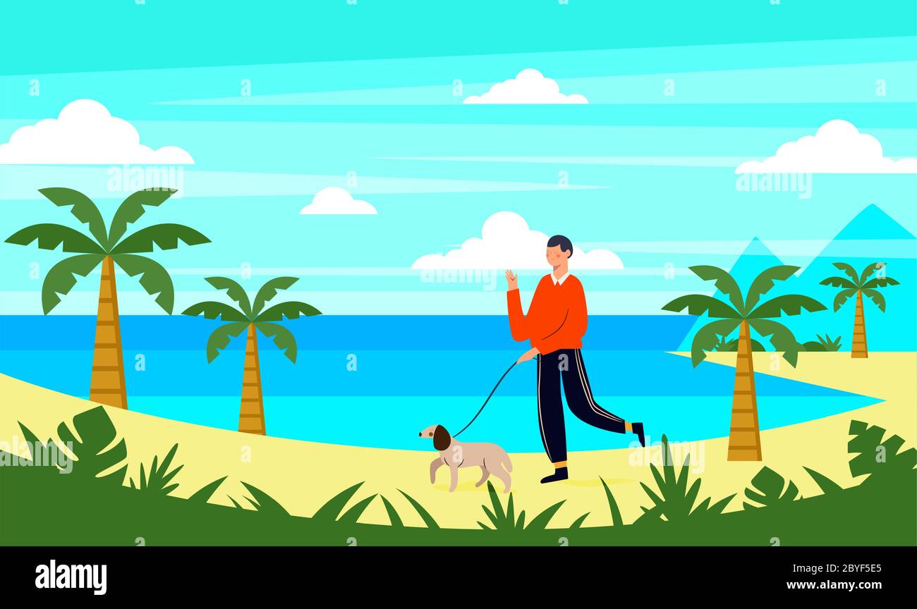 homme marchant sur une plage avec son chien Illustration de Vecteur