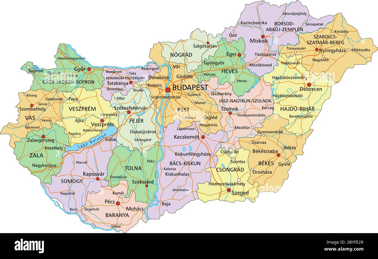 Hongrie - carte politique modifiable très détaillée avec étiquetage. Illustration de Vecteur