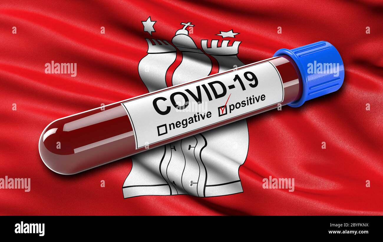 Drapeau de Hambourg agitant dans le vent avec un tube de test sanguin Covid-19 positif. Concept d'illustration 3D pour le test sanguin pour le diagnostic de la nouvelle Corona Banque D'Images
