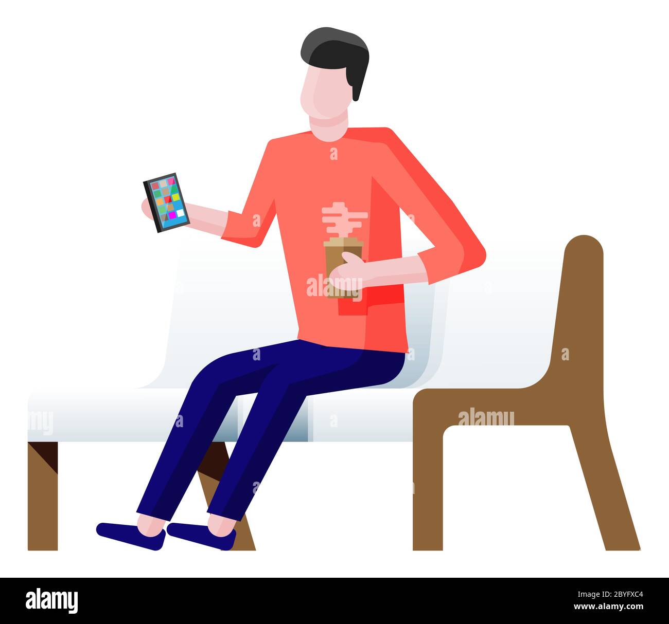 Personnage de dessin animé assis sur un banc et surfer sur Internet dans un smartphone. Homme assis avec téléphone portable à la main. Illustration vectorielle plate isolée Illustration de Vecteur