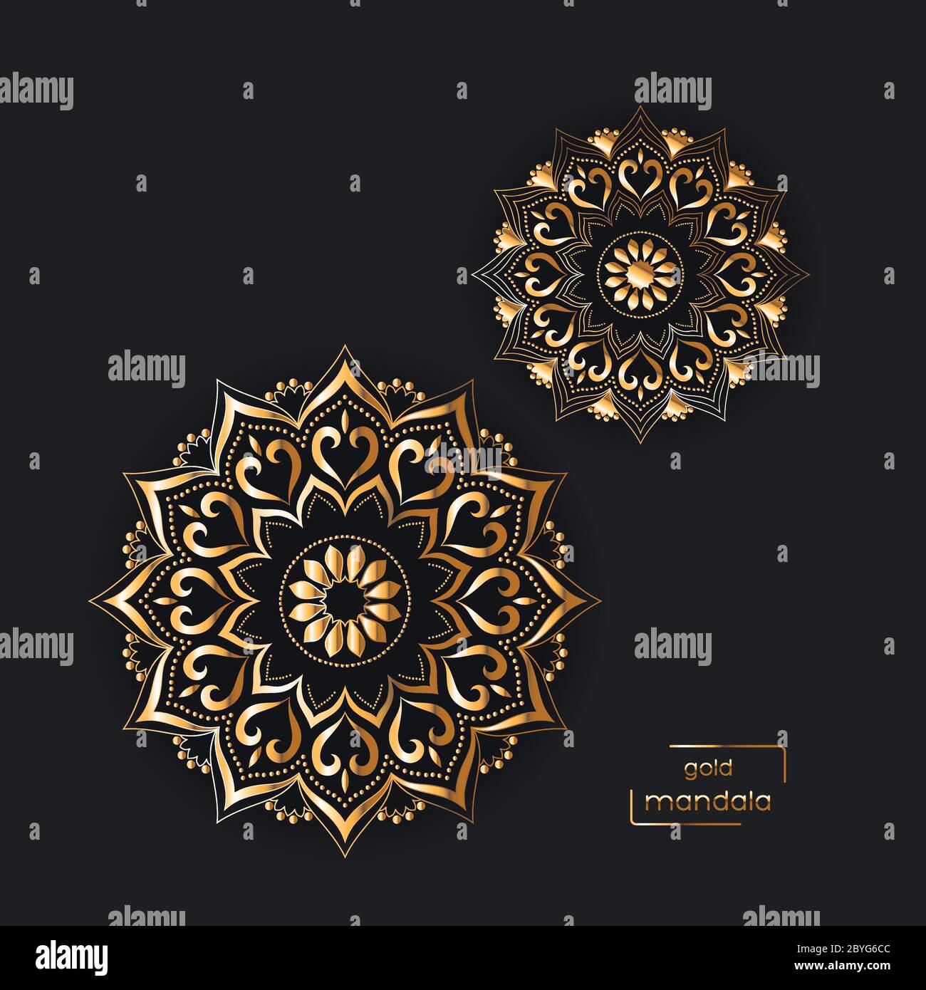 Carte d'or ornementale avec deux fleurs de mandalas orientales sur noir Illustration de Vecteur