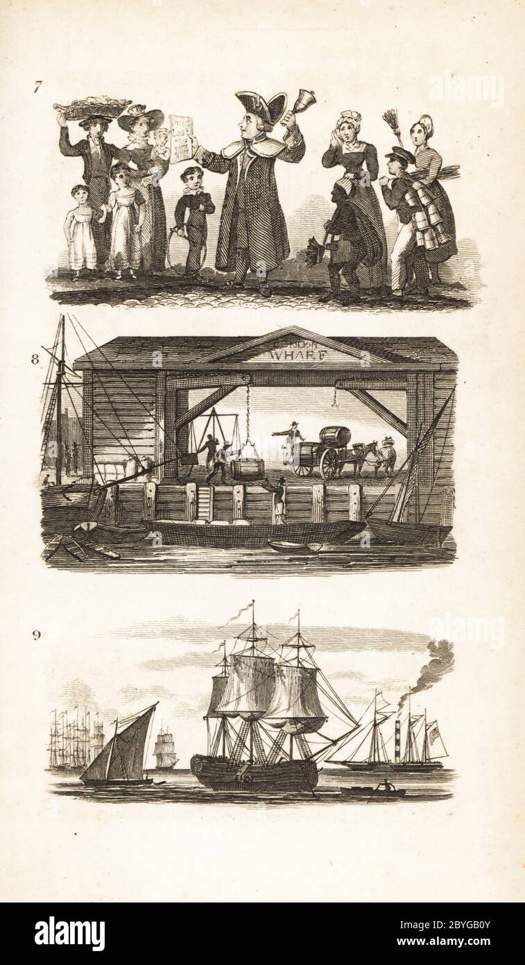 Le Bellman, un quai de Londres et un navire à charbon et une barge à charbon. London Bellman ou Town Crier lisant un avis sur l'enfant disparu Tommy Dallow 7, London Wharf aux docks East India 8 et Newcastle collier déchargent le charbon dans une barge 9. Gravure sur bois d'après une illustration d'Isaac Taylor de City Scenes, ou un PEP à Londres, par Ann Taylor et Jane Taylor, publié par Harvey et Darton, Gracechurch Street, Londres, 1828. Les sœurs anglaises Ann et Jane Taylor étaient des poètes romantiques prolifiques et des écrivains de livres pour enfants au début du XIXe siècle. Banque D'Images