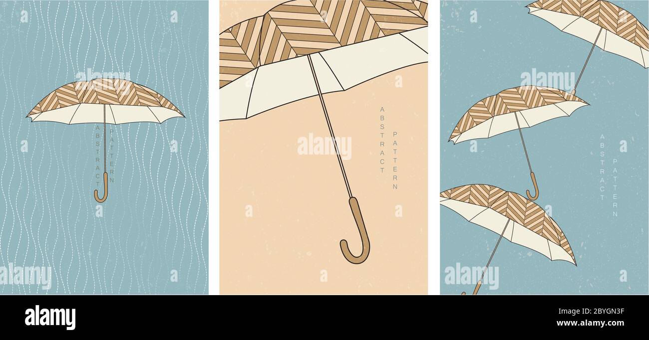 Arrière-plan parapluie avec vecteur de motif d'onde japonais. Saison des pluies avec motif poster dans un style vintage. Illustration de Vecteur