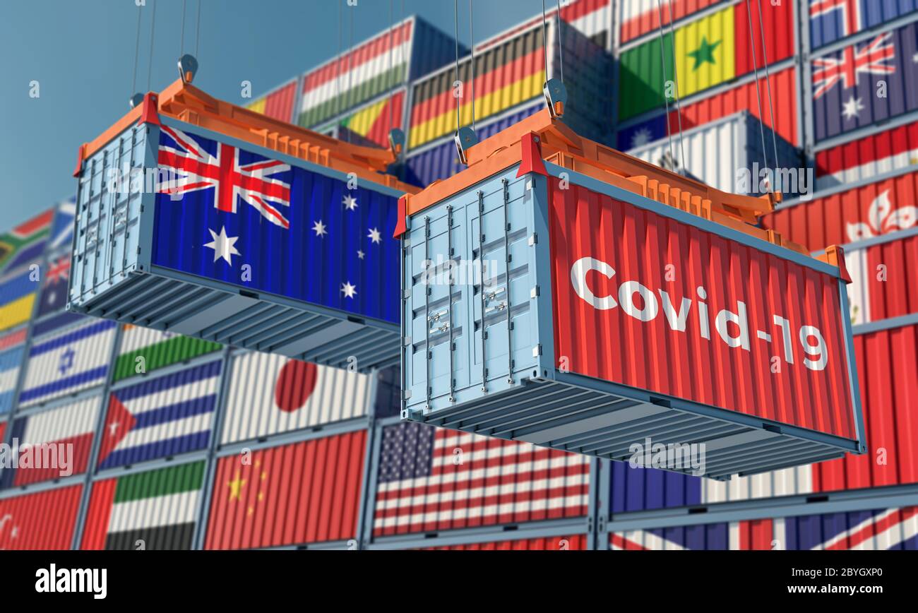 Contenant avec le texte Covid-19 du coronavirus sur le côté et contenant avec drapeau australien. Concept de commerce international propagation du virus Corona. Banque D'Images