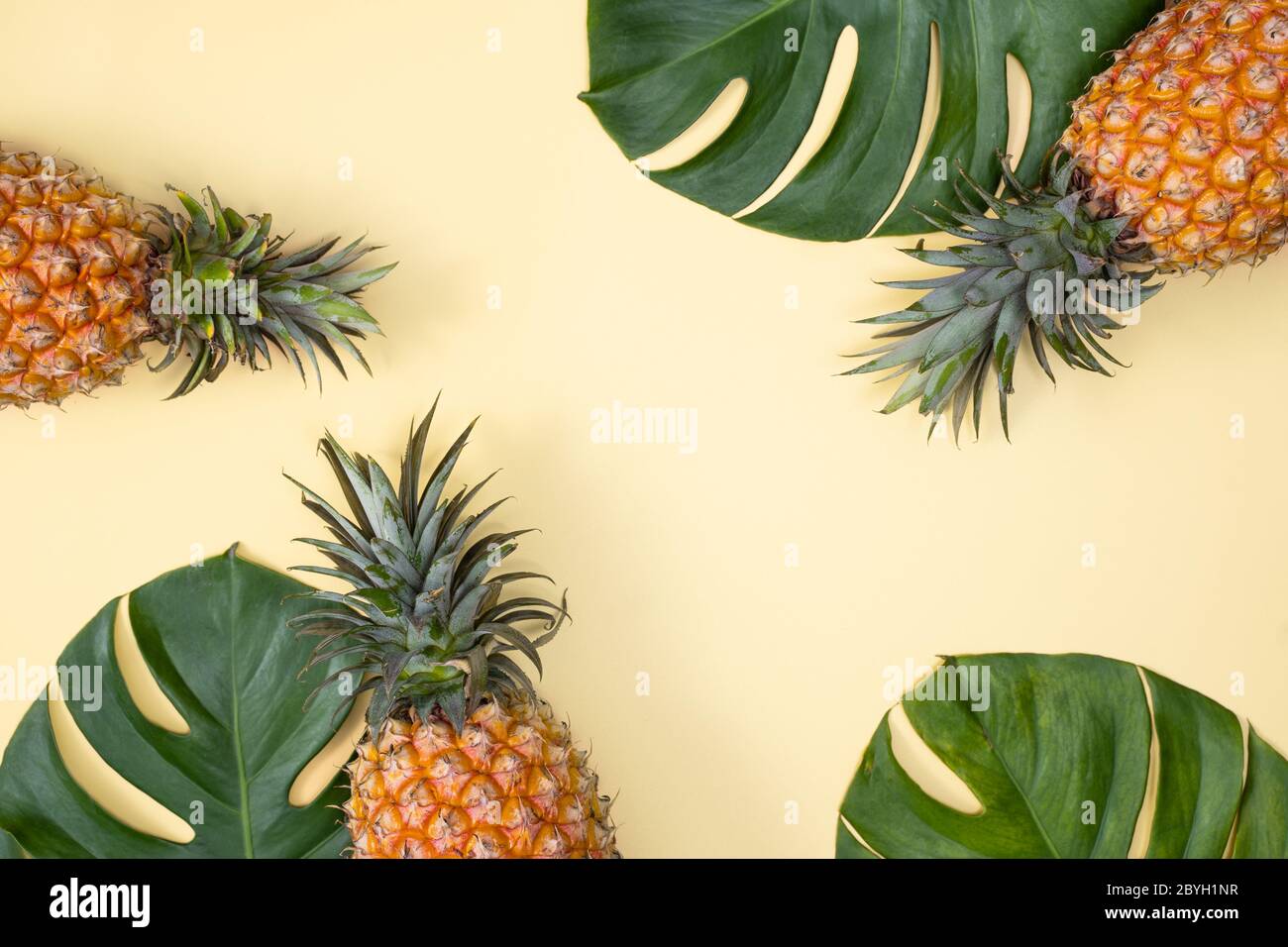 Magnifique ananas sur des feuilles de palmier tropicales Monstera isolées sur fond jaune pastel vif, vue de dessus, plat, au-dessus des fruits d'été. Banque D'Images