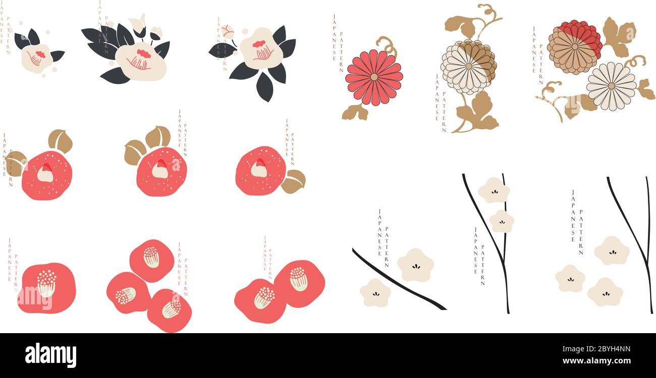 Icône florale de style asiatique. Logo Camilla et fleur de pivoine avec motif vectoriel japonais. Ensemble d'éléments naturels. Illustration de Vecteur